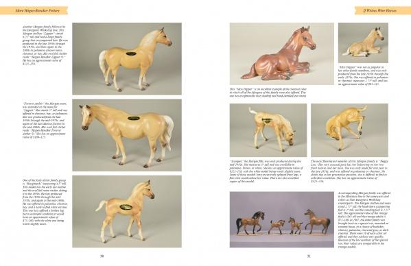 Two pages from Schiffer Publishing, Ltd.’s catalog showcase More Hagen-Renaker Pottery collectible figurines. Each page features photos of detailed model horses in various poses, with descriptive text and item details next to each image.