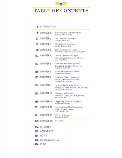 The Tenth Air Force in World War II by Schiffer Publishing, Ltd. features a blue and yellow table of contents listing chapters on Allied air operations in Burma, from introduction to endgame, plus glossary, appendices, notes, references, and index.