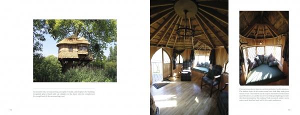 A two-page spread from "Tree Houses Reimagined" by Schiffer Publishing, Ltd. features a circular wooden treehouse among green trees on the left, and cozy, wood-paneled interiors with large windows and built-in seating on the right.