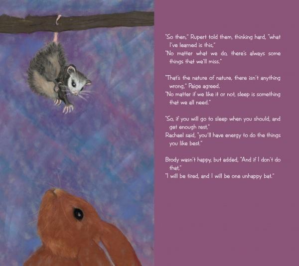 A small opossum hangs upside down from a branch, watching a brown rabbit below against a dreamy purple-blue backdrop. Text on the right shows several animals discussing bedtime stories in "Rupert's Tales: A Book of Bedtime Stories" by Schiffer Publishing, Ltd.