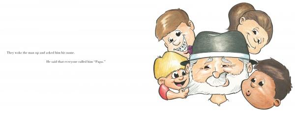 A group of smiling, diverse children huddle around an elderly man with a white beard and gray hat. The white background and left-side text make it perfect for early reader books like "The Legend of Papa Balloon" by Schiffer Publishing, Ltd.