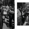 A black-and-white photo collage from "Briefly Seen" by Schiffer Publishing, Ltd.: left, a woman in sunglasses stands in a crowd; right, an older man in a suit and hat smokes a cigar—classic New York City street photography.