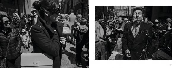 A black-and-white photo collage from "Briefly Seen" by Schiffer Publishing, Ltd.: left, a woman in sunglasses stands in a crowd; right, an older man in a suit and hat smokes a cigar—classic New York City street photography.