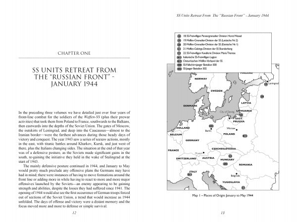 In "Waffen-SS Knights and Their Battles" by Schiffer Publishing, Ltd., a two-page spread features info on Waffen-SS retreats from the Russian Front (Jan 1944) and a WWII Europe map showing troop movements (Jan–May 1944).