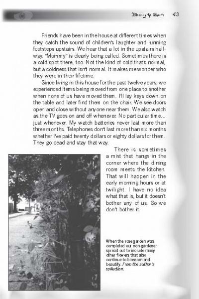 A page from "Haunted Bordentown, New Jersey" by Schiffer Publishing, Ltd. features stories of children’s laughter and ghosts in a mysterious house, plus a snowy rose garden photo with a caption; “Page 43” is shown at the top.