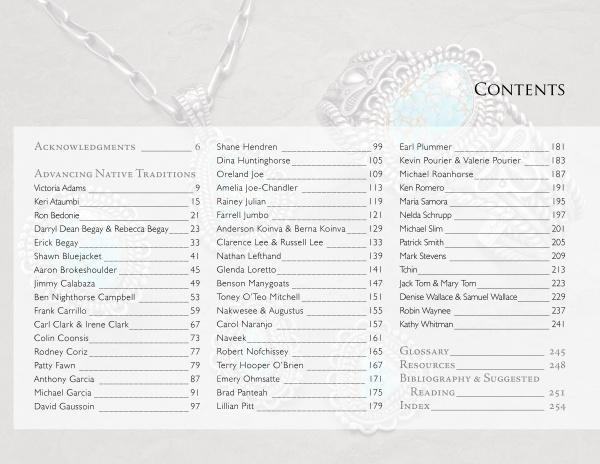 The table of contents page in Masters of Contemporary Indian Jewelry by Schiffer Publishing, Ltd. lists chapters and contributors, with a turquoise and silver backdrop that honors Native American jewelry as wearable art.