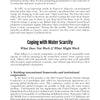 A page from "Global Thirst" by Schiffer Publishing, Ltd. explores worldwide water scarcity, outlining key issues, future challenges, and possible solutions under the heading "Coping with Water Scarcity: What Does Not Work & What Might Work.