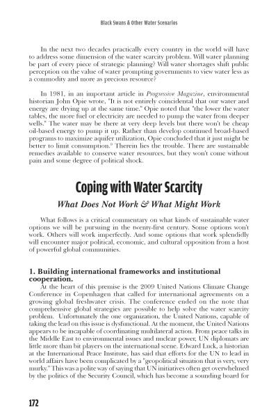 A page from "Global Thirst" by Schiffer Publishing, Ltd. explores worldwide water scarcity, outlining key issues, future challenges, and possible solutions under the heading "Coping with Water Scarcity: What Does Not Work & What Might Work.