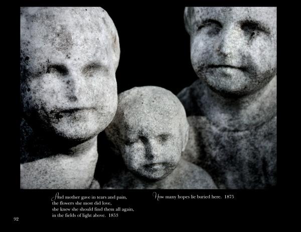 Final Thoughts by Schiffer Publishing, Ltd. features weathered stone cherub statues with somber expressions and poetic epitaphs from 1853 and 1875, evoking the soulful beauty of cemetery art photography on a stark black background.