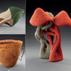 Schiffer Publishing, Ltd.'s Ply-Split Braided Baskets: Top left—a green, tan, and brown abstract bowl; bottom left—an orange basket with looped designs and braided handles; right—a large twisted orange and gray sculpture.