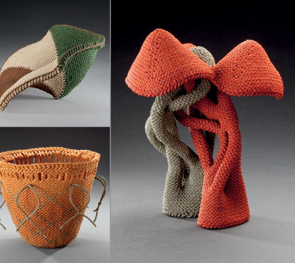 Schiffer Publishing, Ltd.'s Ply-Split Braided Baskets: Top left—a green, tan, and brown abstract bowl; bottom left—an orange basket with looped designs and braided handles; right—a large twisted orange and gray sculpture.