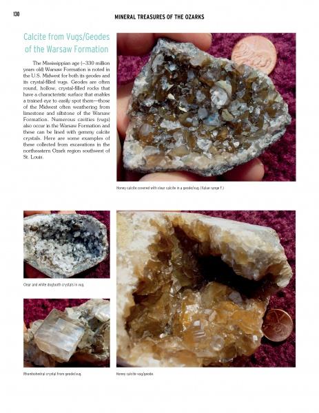 The Schiffer Publishing, Ltd. book "Mineral Treasures of the Ozarks" features photos of collectible Warsaw Formation calcite geodes—tan to clear crystal clusters in rocky shells—plus details about their Ozarks origin and properties.