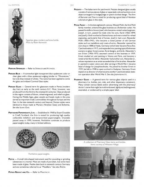 A textbook page from "The Encyclopedia of Glass" by Schiffer Publishing, Ltd. features black-and-white photos of antique pharmacy bottles and jars, with text defining types and uses of historical glassware.