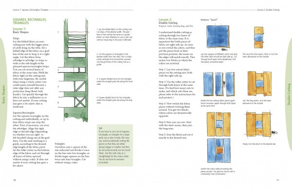 Two pages from "Play-of-Color Quilting" by Schiffer Publishing, Ltd. feature diagrams, watercolor art, and step-by-step instructions for building quilting skills with geometric quilt designs using squares, rectangles, and triangles.