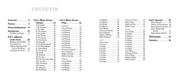 Table of contents for "Tarot of the Moors" by Schiffer Publishing, Ltd., listing sections and page numbers on the Major Arcana, Minor Arcana, card spreads, bibliography, endnotes, and detailed descriptions of cards in this Moorish Tarot deck.
