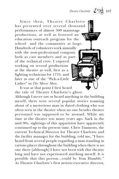 A page from "Haunted Theaters of the Carolinas" by Schiffer Publishing, Ltd. features text on Theatre Charlotte, a spotlight illustration in the upper right, page 107, and covers the theatre's history, North Carolina ghosts, and theater superstitions.