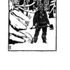 Black and white illustration inspired by "Wharton Esherick's Illuminated & Illustrated Song of the Broad-Axe" from Schiffer Publishing, Ltd.—a person in winter wear stands with an axe in a snowy, tree-framed forest, in classic woodcut style.