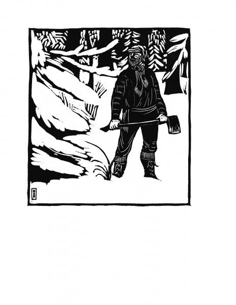 Black and white illustration inspired by "Wharton Esherick's Illuminated & Illustrated Song of the Broad-Axe" from Schiffer Publishing, Ltd.—a person in winter wear stands with an axe in a snowy, tree-framed forest, in classic woodcut style.