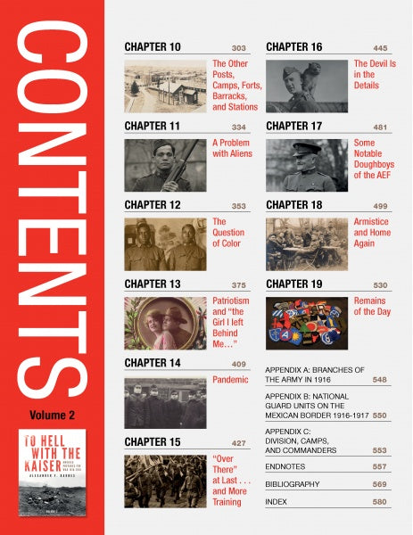 Table of contents for To Hell with the Kaiser, Vol. II by Schiffer Publishing, Ltd., shows chapter titles, page numbers, and rare Doughboys photos. A striking red stripe with white "CONTENTS" pays tribute to U.S. Army history on the left side.