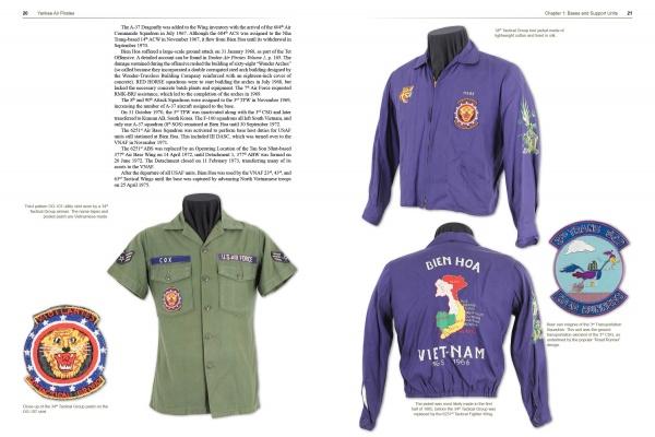 A page from Yankee Air Pirates by Schiffer Publishing, Ltd. shows two vintage military shirts—green and purple—worn by USAF Vietnam War collectors, featuring patches like a Vietnam map and “Bien Hoa Vietnam 1965-1966.”.