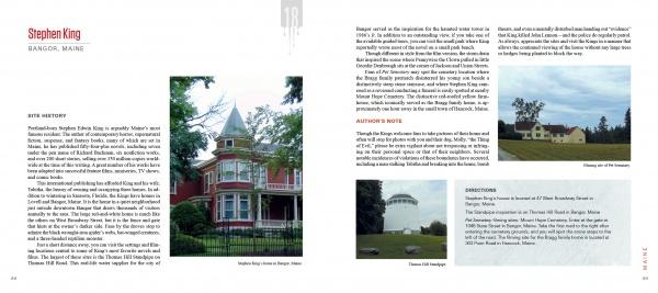 A two-page spread from Notorious New England by Schiffer Publishing, Ltd. explores Stephen King’s historic Bangor home, featuring text and photos of a red Victorian house, water tower, farmhouse, and tree-lined lawn, a highlight of haunted New England.