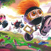 Four cartoonish, big-eyed characters dash through a whimsical world inspired by Joe Simko’s The Sweet Rot, Book 2 (Schiffer Publishing, Ltd.), with quirky plants and mushrooms. One leads the group in a black mask and orange hair.