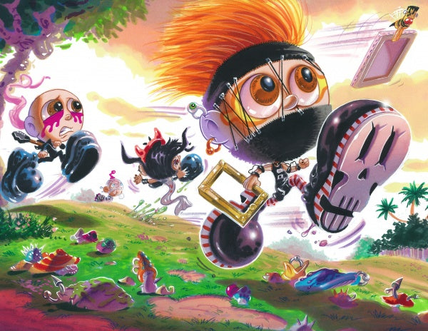 Four cartoonish, big-eyed characters dash through a whimsical world inspired by Joe Simko’s The Sweet Rot, Book 2 (Schiffer Publishing, Ltd.), with quirky plants and mushrooms. One leads the group in a black mask and orange hair.