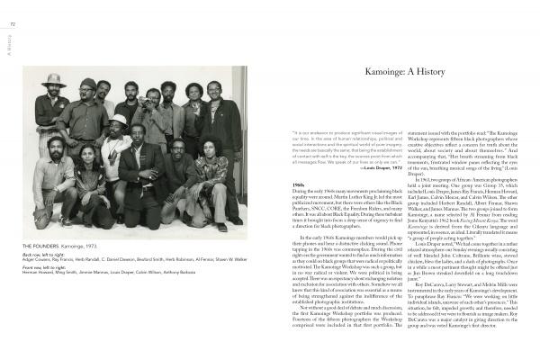 Black-and-white photo of 14 Kamoinge Workshop founders, pioneering Black photographers, from "Timeless" by Schiffer Publishing, Ltd.; the next page, "Kamoinge: A History," explores the group’s background and significance.