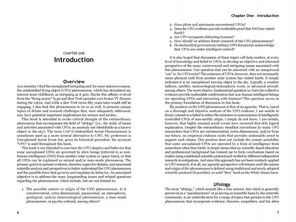 A two-page spread from "The UFO Phenomenon: Should I Believe?" by Schiffer Publishing, Ltd. shows Chapter One: Introduction. The left page gives an overview of the UFO phenomenon; the right has a numbered list of questions and a Ufology section.