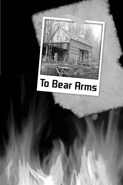 A black-and-white photo of a rustic log cabin pinned to a scorched background with rising flames evokes classic Kentucky ghost stories. Beneath the photo, "To Bear Arms" appears. Campfire Tales Kentucky by Schiffer Publishing, Ltd.