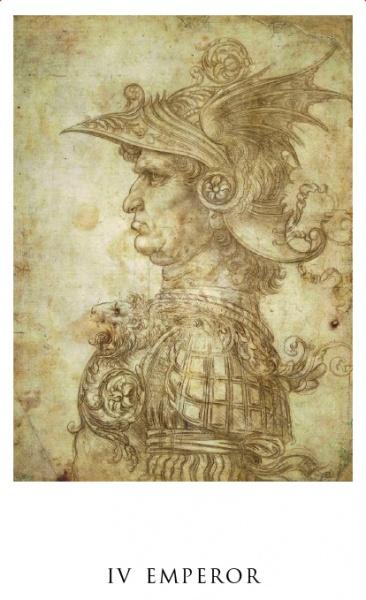A profile sketch of a stern man in ornate armor and plumed helmet, Da Vinci Enigma Tarot style, on faded parchment. Below is the text “IV EMPEROR.” From Schiffer Publishing, Ltd.
