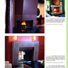 A collage of three modern fireplaces with geometric surrounds features bold finishes, warm lighting, and decor. Design notes reference “Making Concrete Countertops with Buddy Rhodes” by Schiffer Publishing, Ltd., for sleek concrete applications.