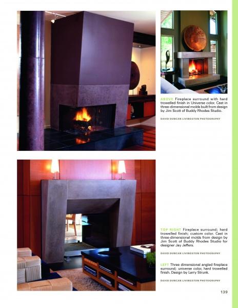 A collage of three modern fireplaces with geometric surrounds features bold finishes, warm lighting, and decor. Design notes reference “Making Concrete Countertops with Buddy Rhodes” by Schiffer Publishing, Ltd., for sleek concrete applications.