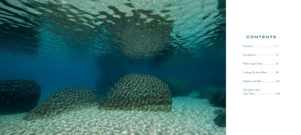 Underwater photography in Lake Tahoe’s clear waters features large, rounded rocks on sand. On the right, Clarity by Schiffer Publishing, Ltd. displays a vertical table of contents. Sunlight gently reflects above.