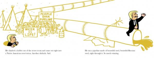 In "Donald and the Golden Crayon" by Schiffer Publishing, Ltd., a blond cartoon man rides a steel pipeline past Native American protestors with signs like “People Over Pipeline,” blending Donald Trump humor with sharp political satire.