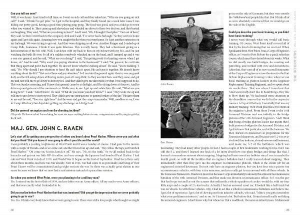 A magazine spread showcases black-and-white photos of John Raaen and text from his WWII Rangers interview, highlighting "Rangers Led the Way" by Schiffer Publishing, Ltd., with reflections on Pearl Harbor and his service.