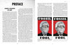 A two-page spread from "Robbie Conal" (Schiffer Publishing, Ltd.): left page—Preface on leading a volunteer art army; right page—about Robbie Conal and two red political posters titled "FOSSIL FOOL" with illustrated elderly men.