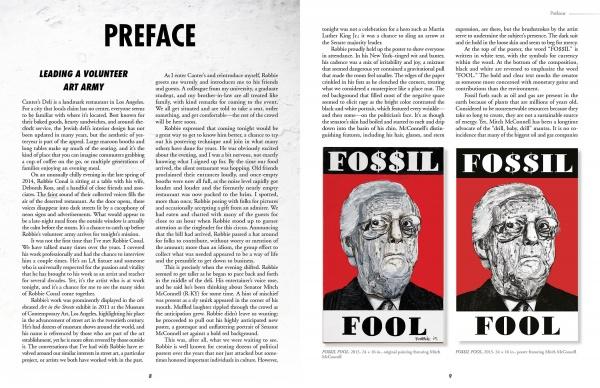 A two-page spread from "Robbie Conal" (Schiffer Publishing, Ltd.): left page—Preface on leading a volunteer art army; right page—about Robbie Conal and two red political posters titled "FOSSIL FOOL" with illustrated elderly men.