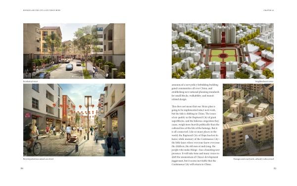 A two-page spread from "Housing and the City" by Schiffer Publishing, Ltd. features four renderings of urban neighborhoods and affordable housing, with descriptive text on the right page.