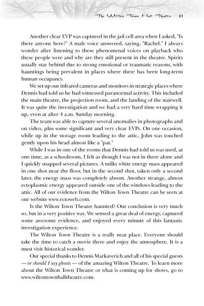 A page from Schiffer Publishing, Ltd.'s "Spooky Creepy New England" describes ghost hunts and EVPs at Witton Town Hall Theatre, drawing parallels to the Lizzie Borden House while highlighting upcoming paranormal shows at the theatre.