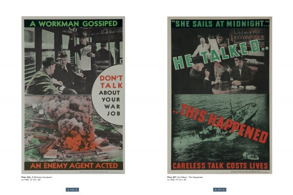 World War II Posters by Schiffer Publishing, Ltd.: Two vintage posters warn against sharing secrets—one shows workers urged "Don't talk about your war job" as a factory burns; another depicts a woman on a ship, highlighting that gossip costs lives.