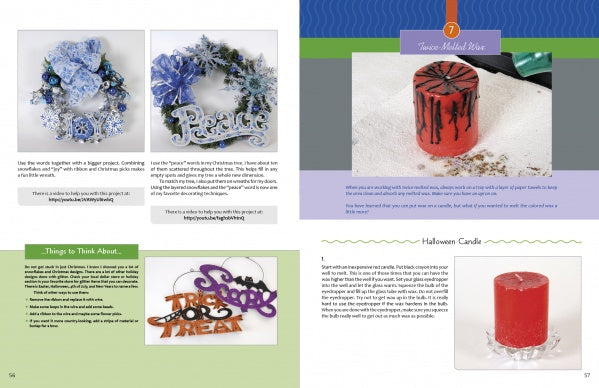 A magazine spread from Wax on Crafts Holiday Projects by Schiffer Publishing, Ltd. shows a blue Christmas wreath and Trick or Treat sign on the left page, and a red Halloween candle with wax art steps on the right—ideal for festive crafts.