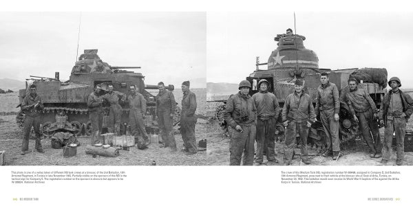 Two black-and-white photos show World War II soldiers with M3 Medium Tanks, surrounded by equipment and supplies in a rugged outdoor setting. Product by Schiffer Publishing, Ltd.