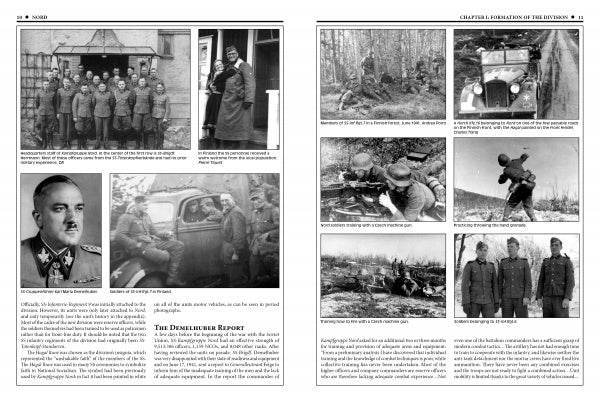 A two-page spread from "The 6th Waffen-SS Gebirgs (Mountain) Division Nord" by Schiffer Publishing, Ltd. shows WWII-era black-and-white photos of German soldiers, vehicles, and officers, with captions on operations like Operation Nordwind.