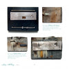 Four rectangular mixed-media artworks shown in "Behind the Brooch" by Schiffer Publishing, Ltd. feature metal, wire, and brush-like textures on wood, blending industrial and organic elements with hidden jewelry details in abstract forms.