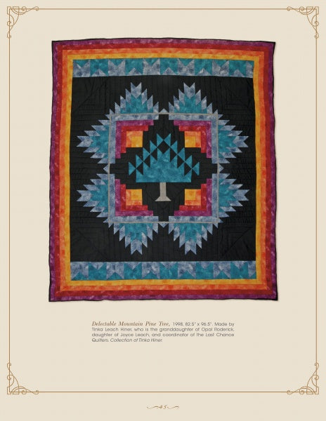 Colorado Quilting by Schiffer Publishing, Ltd. showcases a colorful quilt with a central geometric tree in blue, teal, and black, bordered by warm and cool tones on a tan background—inspired by the Rocky Mountain Quilt Museum.