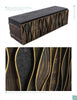 The Paul Evans sideboard by Schiffer Publishing, Ltd. features a sculptural undulating front in wood and metal. Close-up details highlight the intricate textures and patterns within its curving vertical sections.