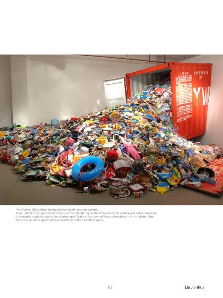 In a gallery space with clean white walls, "Chinese Artists" by Schiffer Publishing, Ltd. showcases a vivid installation: colorful discarded plastics overflowing from an open red shipping container under bright lighting.