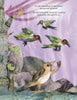 A collage-style illustration from "Song for Papa Crow" by Schiffer Publishing, Ltd. shows three hummingbirds flying above a singing bird on the ground, with pastel purple sky and branches—perfect for early readers ages 5-8.