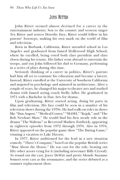 A page from Schiffer Publishing, Ltd.’s book The Final Curtain features a section on John Ritter, summarizing his early life, education, family, career in entertainment, and his enduring legacy among notable celebrity deaths.